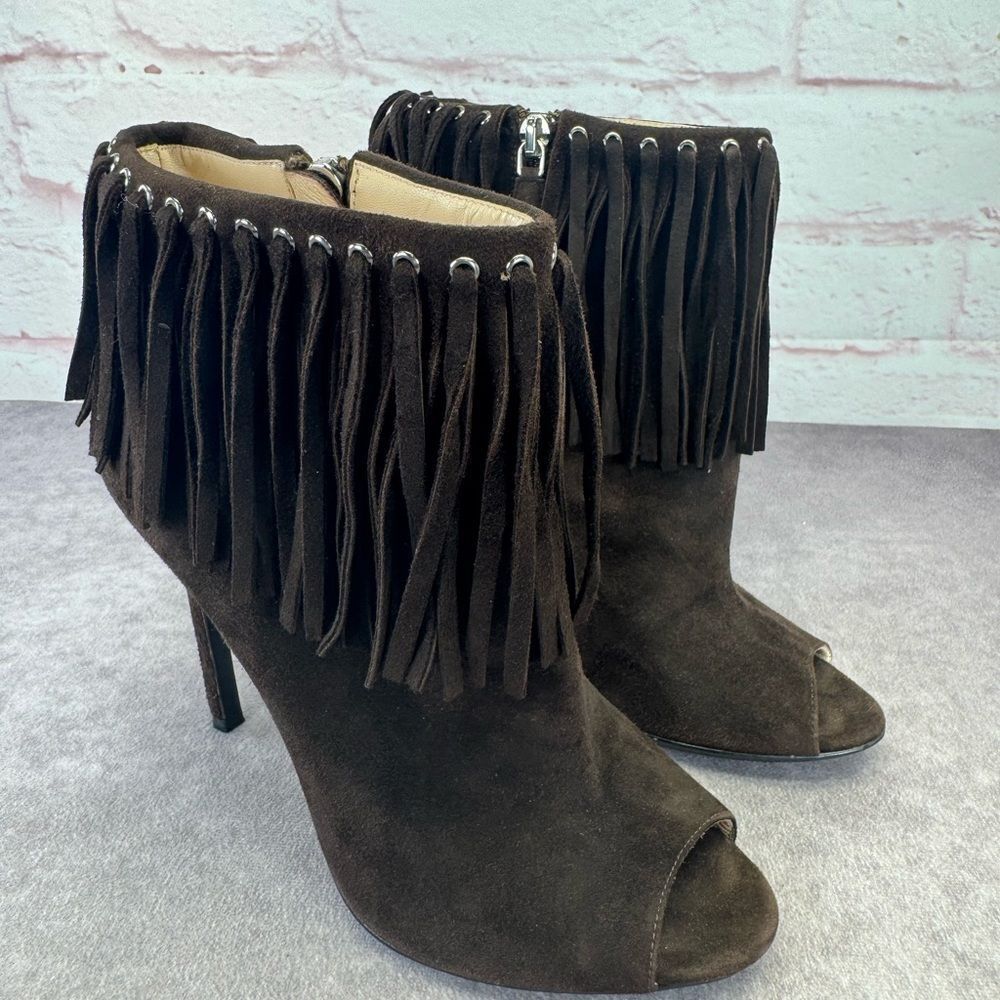 Prada Brown Fringe Peep-Toe Suede Heeled Boots Booties 37.5 - Picture 2 of 9